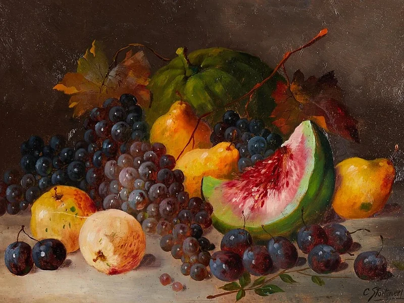 1863-Konstantin Stoitzner - Natura morta autunnale con melone e uva